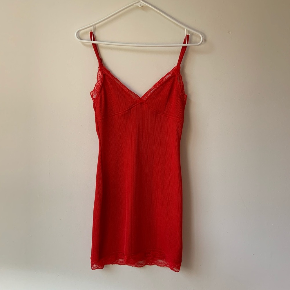 UO Ribbed Lace Trim Mini Dress Red